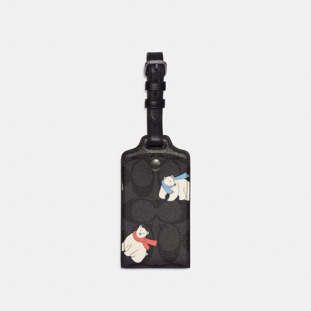 COACH CE780 Luggage Tag In Signature Canvas With Polar Bear Print Black Antique Nickel/Charcoal/Ivory Multi