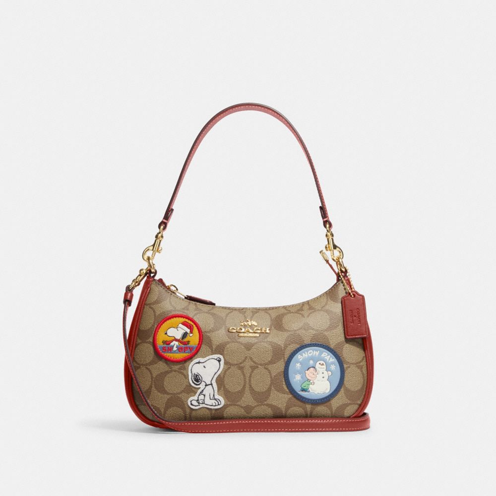 Coach X Peanuts Teri Shoulder Bag In Signature Canvas With Patches - CE848 - Gold/Khaki/Redwood Multi