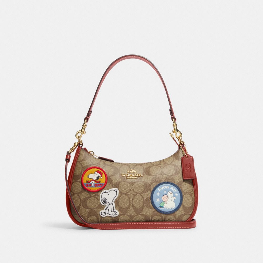 COACH CE848 Coach X Peanuts Teri Shoulder Bag In Signature Canvas With Patches GOLD/KHAKI/REDWOOD MULTI