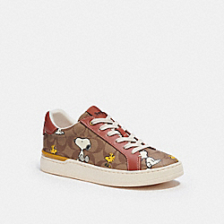 Coach X Peanuts Clip Low Top Sneaker In Signature Canvas With Snoopy Woodstock Print - CE860 - Khaki/ Terracotta