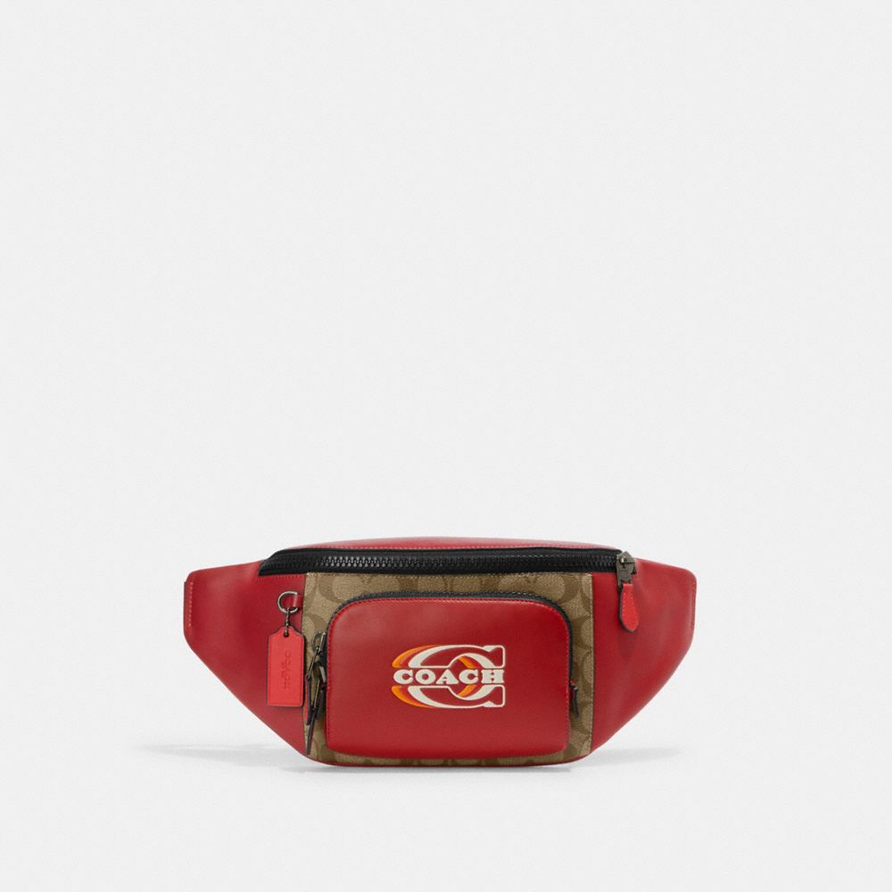 COACH CE870 Track Belt Bag In Colorblock Signature Canvas With Coach Stamp Black Antique Nickel/1941 Red/Khaki Multi