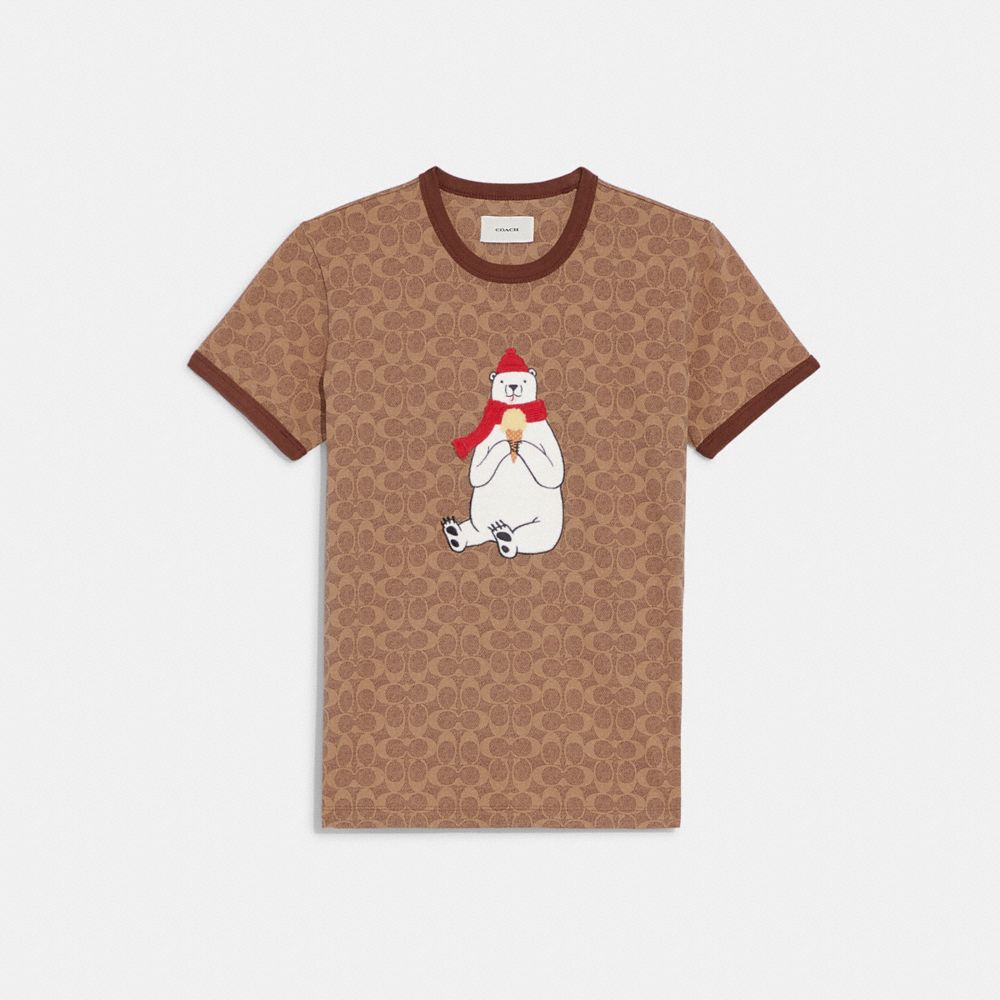 COACH CE889 Signature Polar Bear T Shirt In Organic Cotton KHAKI
