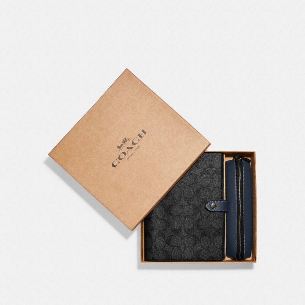 COACH CE908 Boxed Notebook And Pencil Case Gift Set In Colorblock Signature Canvas Gunmetal/CHARCOAL/DENIM