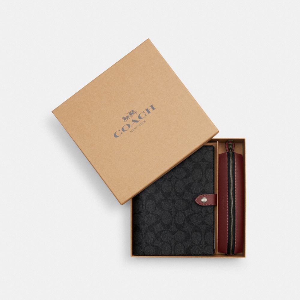 COACH CE908 Boxed Notebook And Pencil Case Gift Set In Colorblock Signature Canvas BLACK ANTIQUE NICKEL/CHARCOAL/WINE