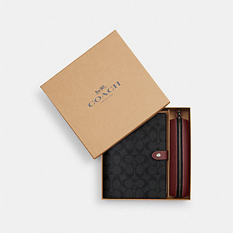 COACH CE908 Boxed Notebook And Pencil Case Gift Set In Colorblock Signature Canvas Black Antique Nickel/Charcoal/Wine
