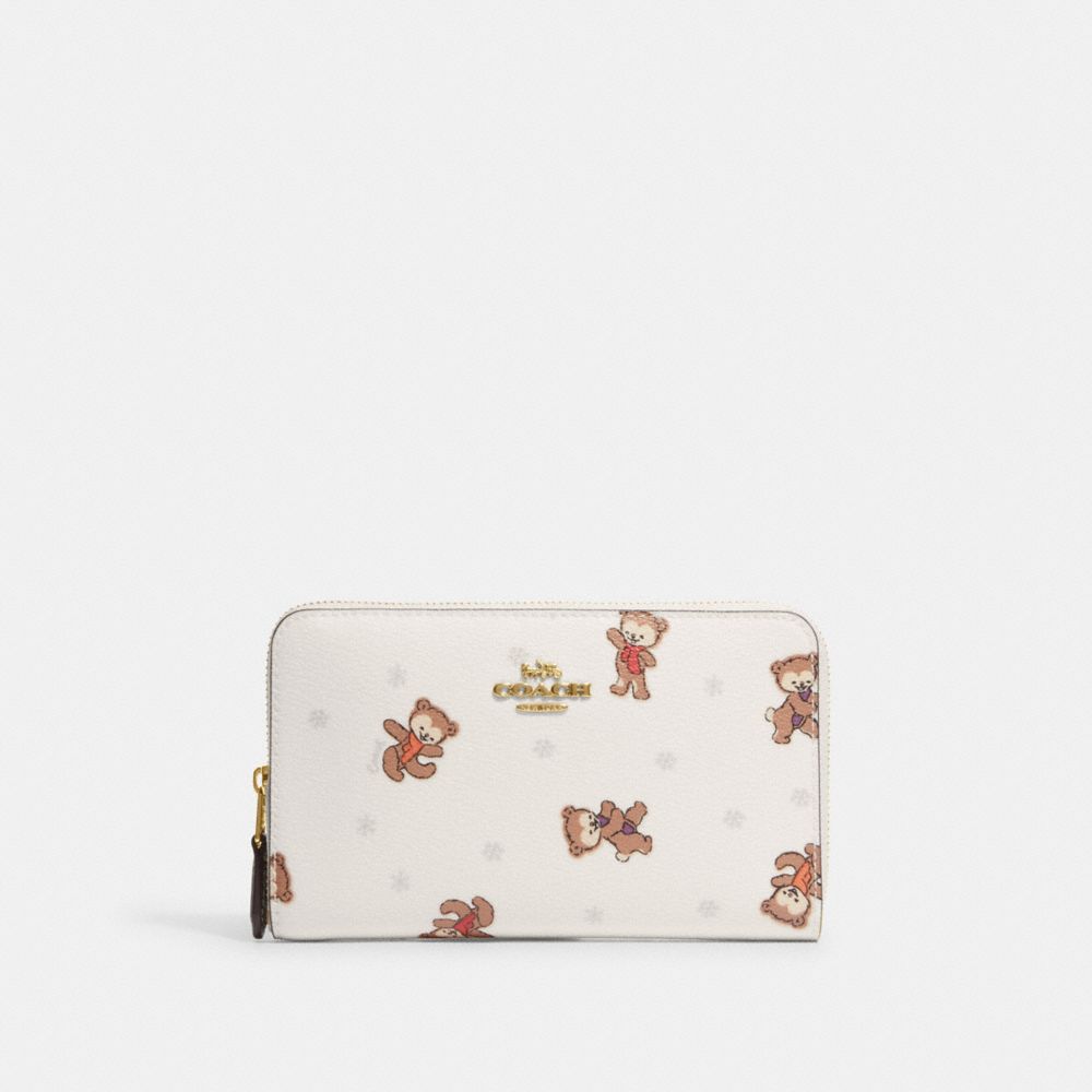 COACH CE921 Medium Corner Zip Wallet With Bear Snowflake Print Gold/Chalk Multi