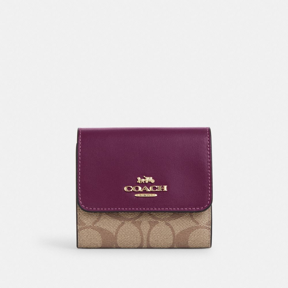 COACH CE930 Small Trifold Wallet In Blocked Signature Canvas Gold/Khaki/Deep Berry