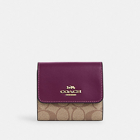 COACH CE930 Small Trifold Wallet In Blocked Signature Canvas Gold/Khaki/Deep Berry