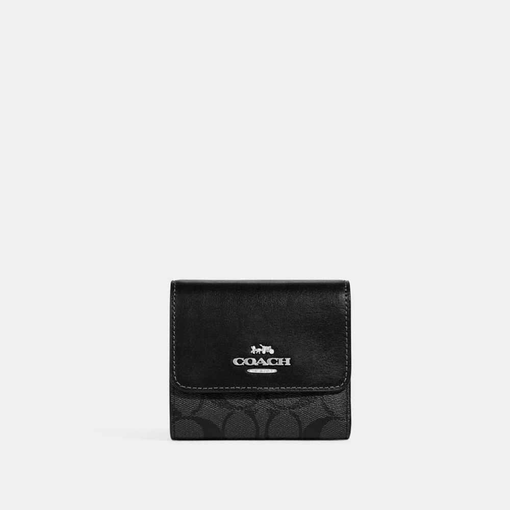 COACH CE930 Small Trifold Wallet In Blocked Signature Canvas Silver/Graphite/Black