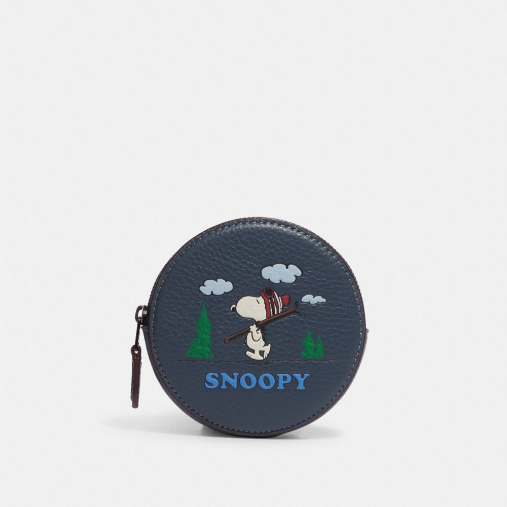 Coach X Peanuts Round Coin Case With Snoopy Ski Motif - CE947 - Gunmetal/Denim Multi