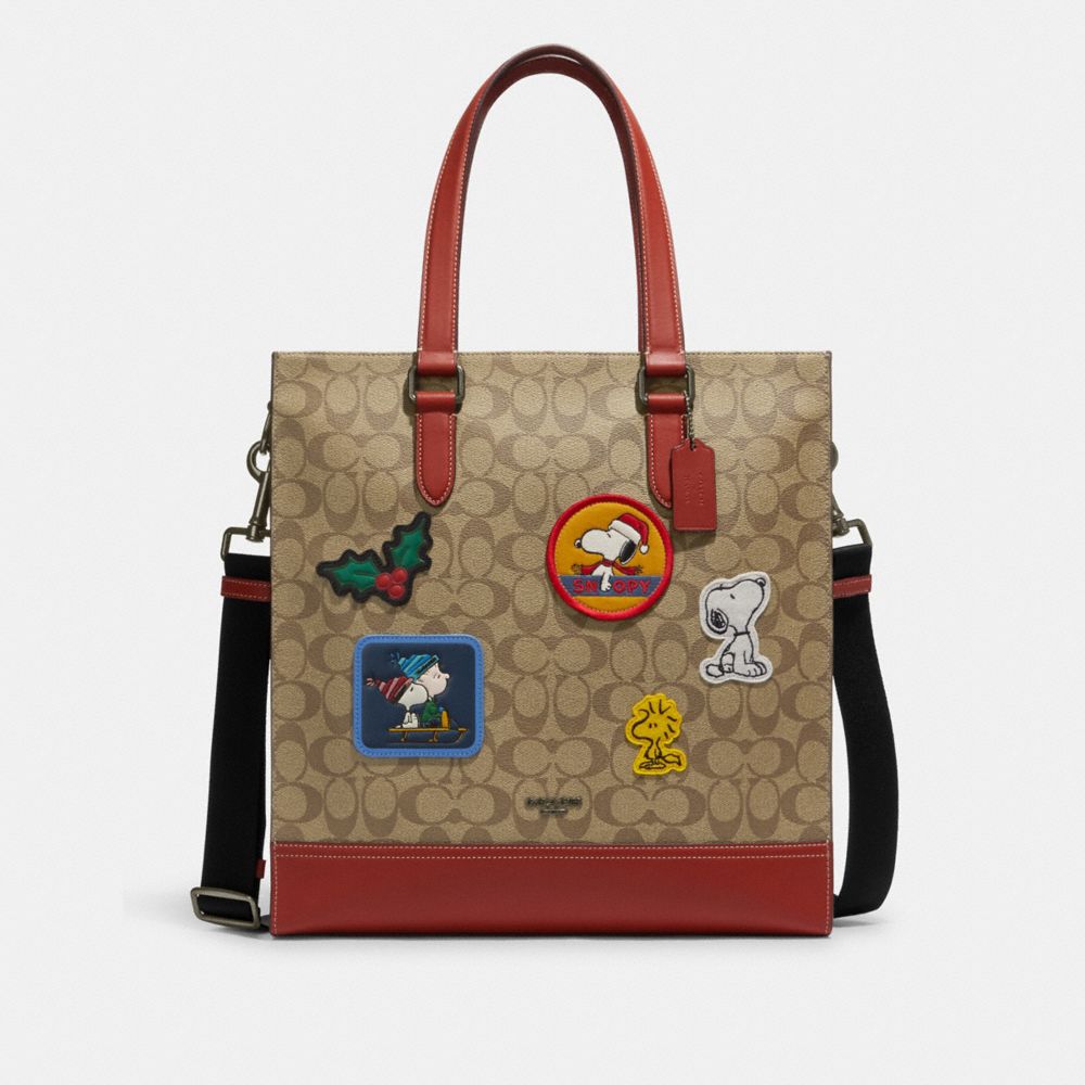 COACH CE948 Coach X Peanuts Graham Structured Tote In Signature Canvas With Patches Gunmetal/Khaki Multi