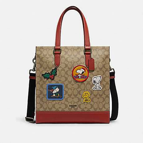 COACH CE948 Coach X Peanuts Graham Structured Tote In Signature Canvas With Patches Gunmetal/Khaki Multi