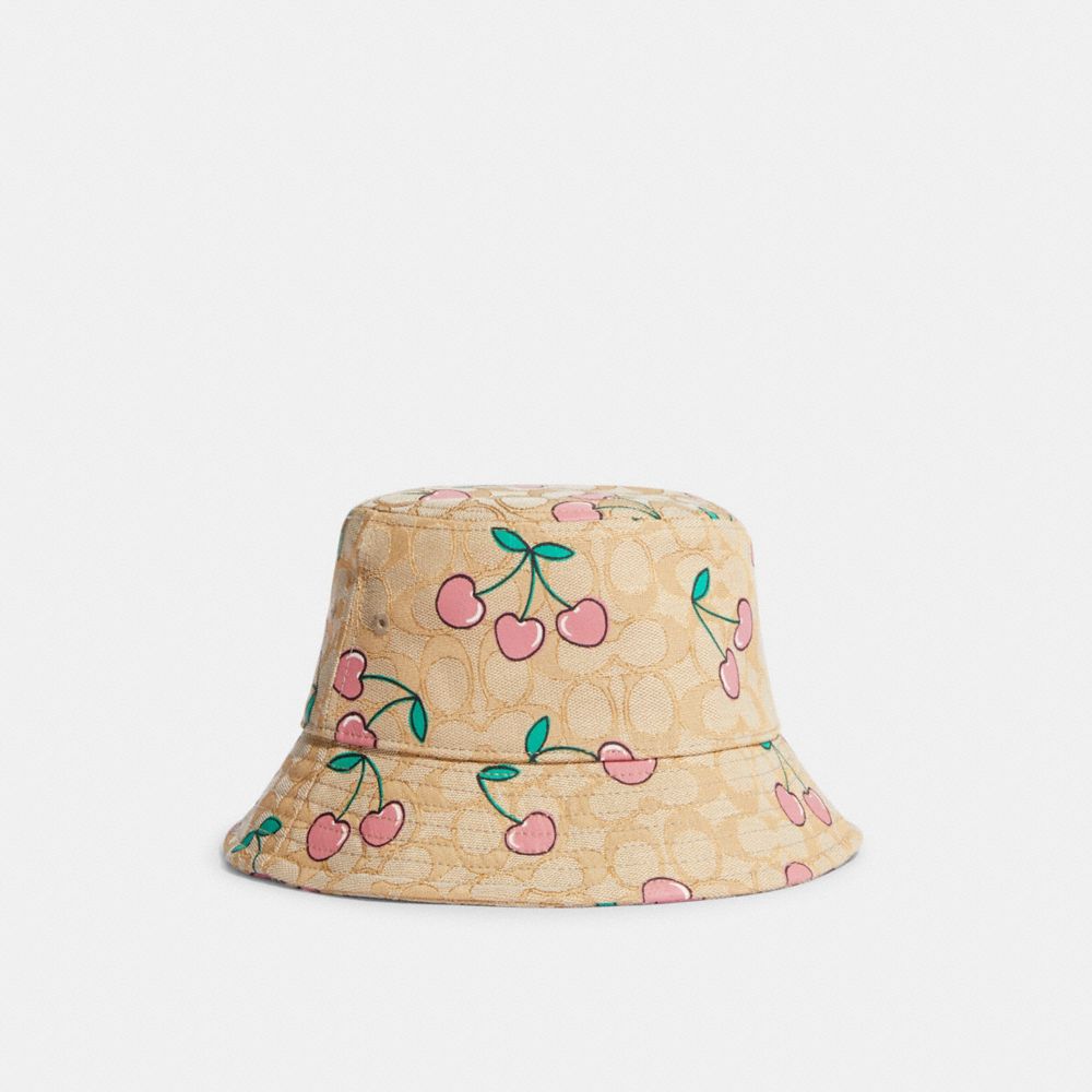 COACH CE960 Signature Heart Cherry Print Bucket Hat Light Khaki/Pink