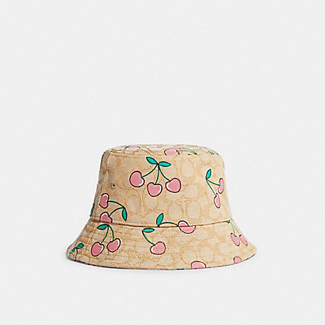 COACH CE960 Signature Heart Cherry Print Bucket Hat Light-Khaki/Pink