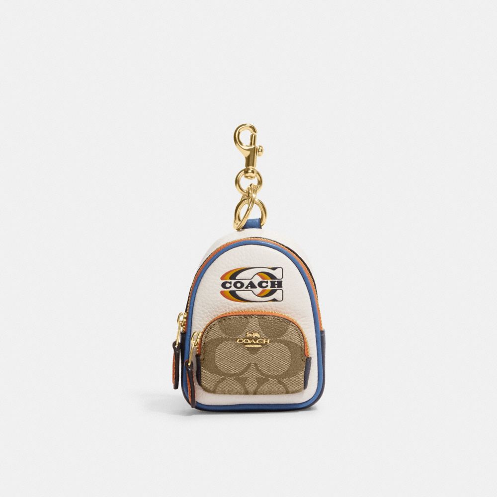 COACH CE976 Mini Court Backpack Bag Charm In Signature Canvas With Coach Stamp GOLD/KHAKI CHALK MULTI