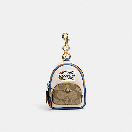 COACH CE976 Mini Court Backpack Bag Charm In Signature Canvas With Coach Stamp Gold/Khaki Chalk Multi