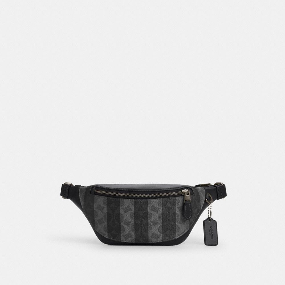 Warren Mini Belt Bag In Signature Canvas With Stripes - CEB34 - Gunmetal/Black/Grey