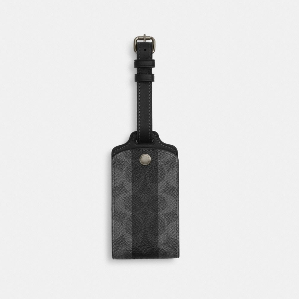 Luggage Tag In Signature Canvas With Stripes - CEB78 - Gunmetal/Black/Grey