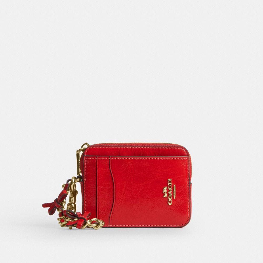 COACH&reg;,Zip Card Case With Bows,Leather,Card Case,Metal Material,Logo,Bow,Key Ring,Silver Metal,Casual,,Front View