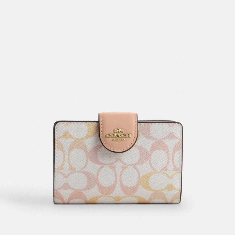 COACH CEC31 Medium Corner Zip Wallet In Signature Canvas Gold/Chalk/Pink