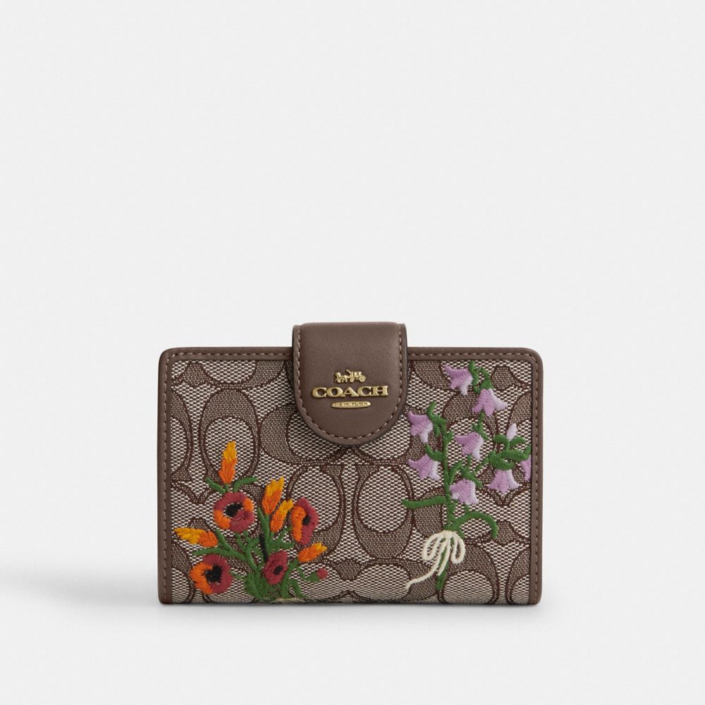 COACH CEC32 Medium Corner Zip Wallet In Signature Jacquard With Floral Embroidery GOLD/OAK MULTI