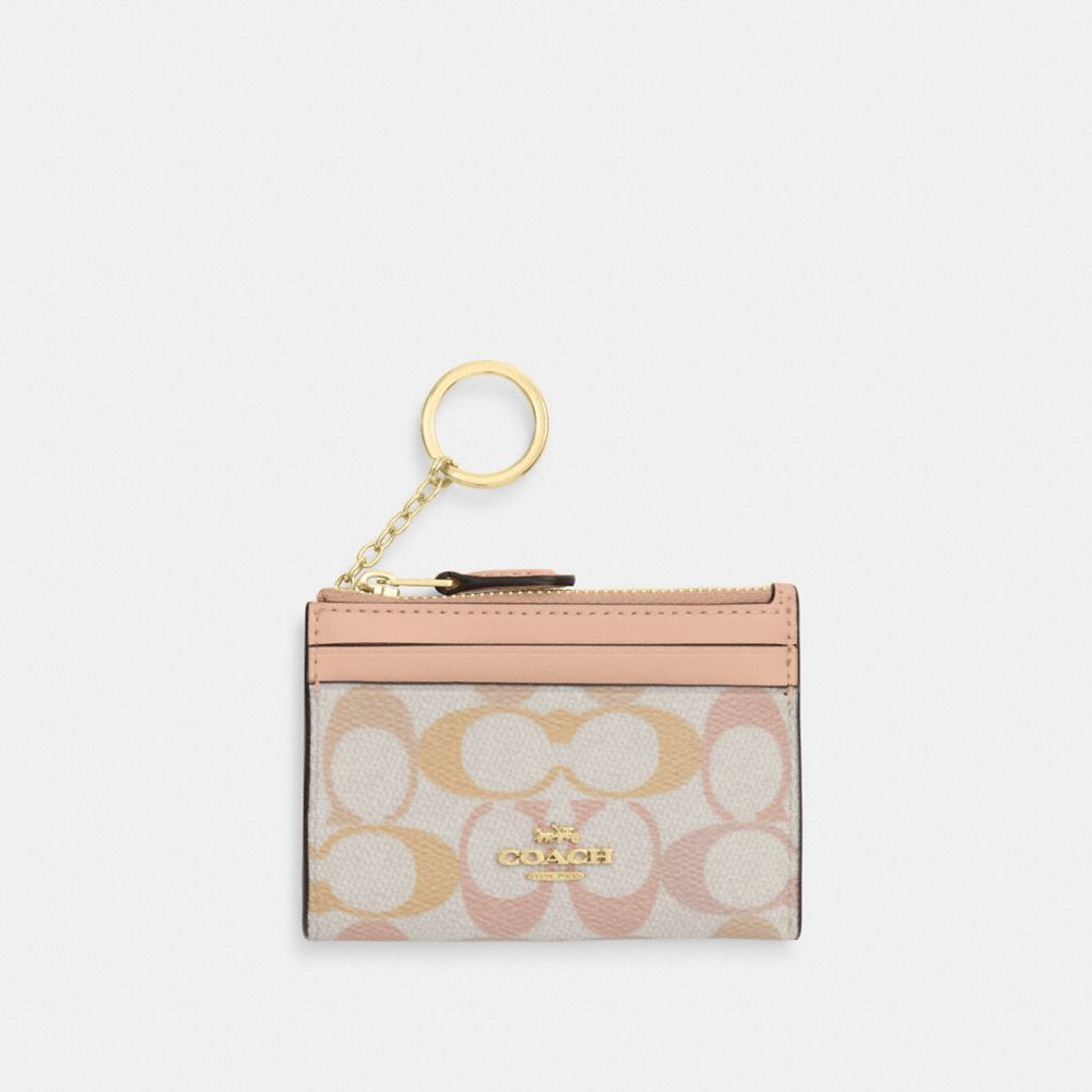COACH CEC49 Mini Skinny Id Case In Signature Canvas Gold/Chalk/Pink