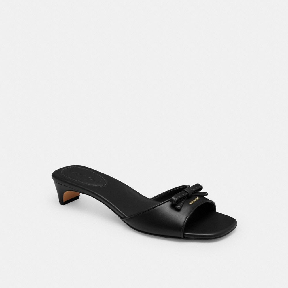 COACH&reg;,Bow Kitten Heel Sandal,Leather,Rubber,Slides,Bow,Day Party,Black,Front View