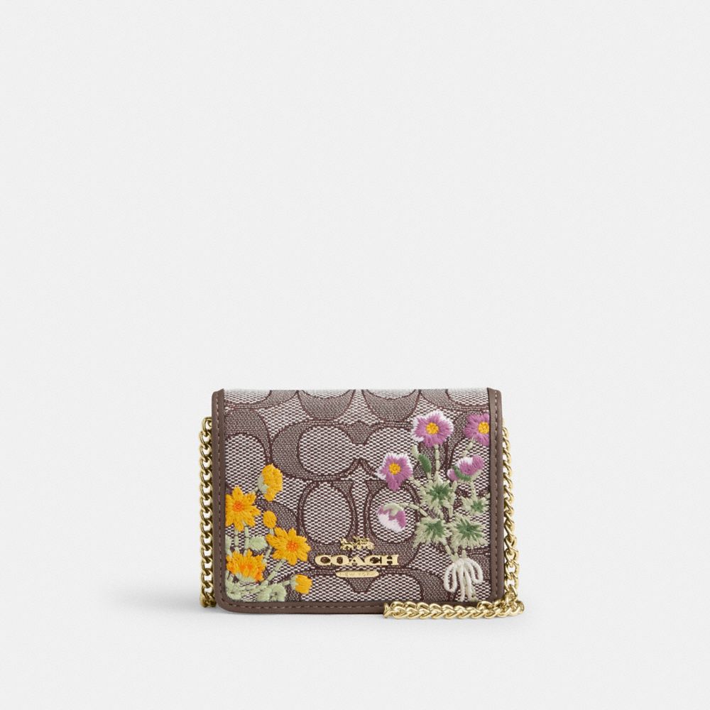 COACH CEF60 Mini Wallet On A Chain In Signature Jacquard With Floral Embroidery GOLD/OAK MULTI