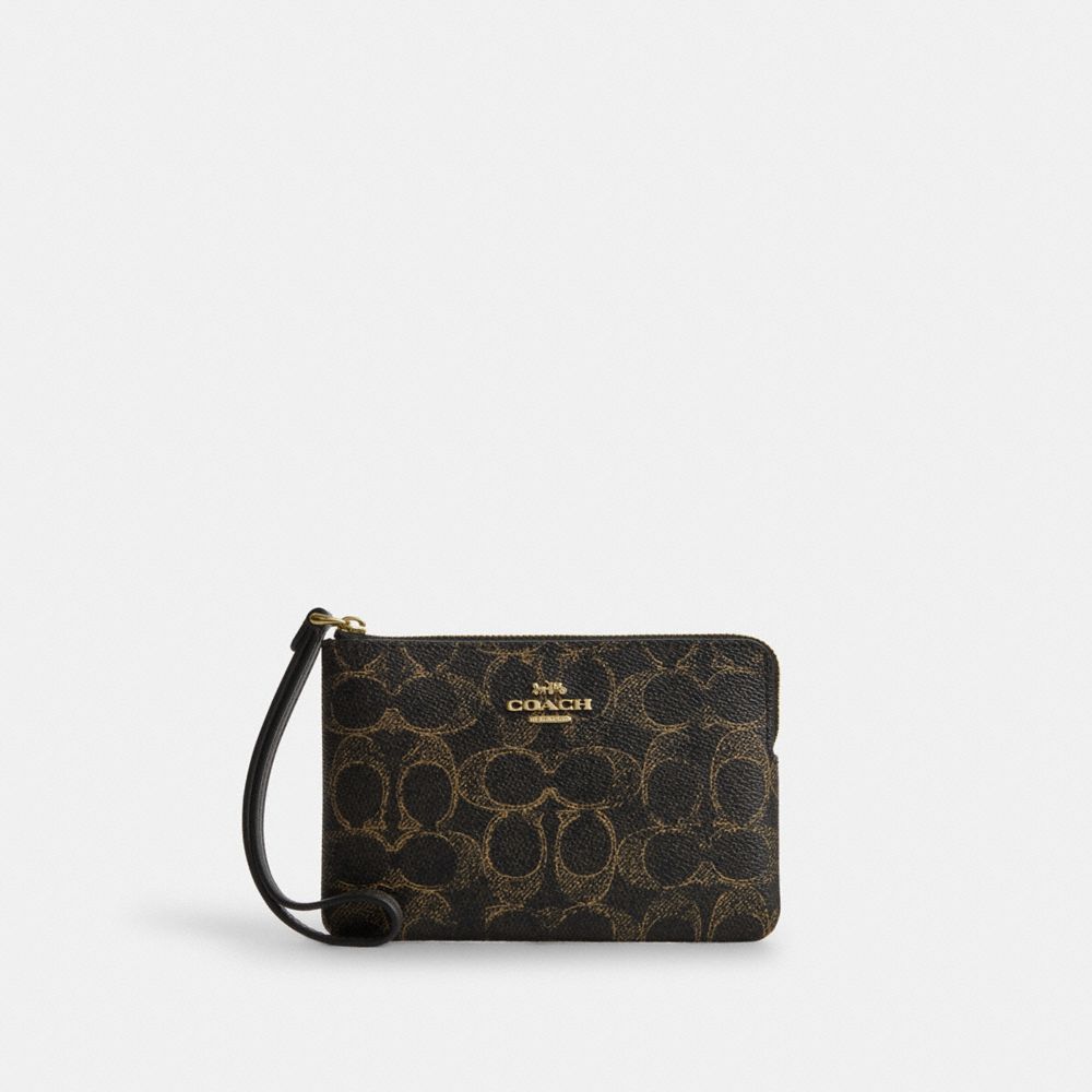 COACH&reg;,Corner Zip Wristlet In Loved Signature Canvas,Canvas,Recycled Polyester,Leather,Pouch,Wristlet,Metal,Logo,Casual,Black,Front View