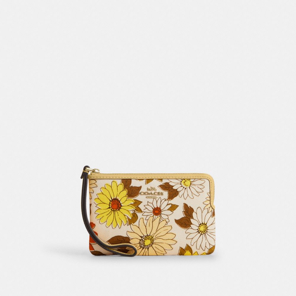 Corner Zip Wristlet With Floral Print - CEF83 - Im/Vanilla Sunflower