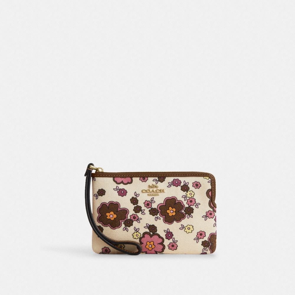 Corner Zip Wristlet With Floral Print - CEF85 - Gold/Chestnut Tropical Floral