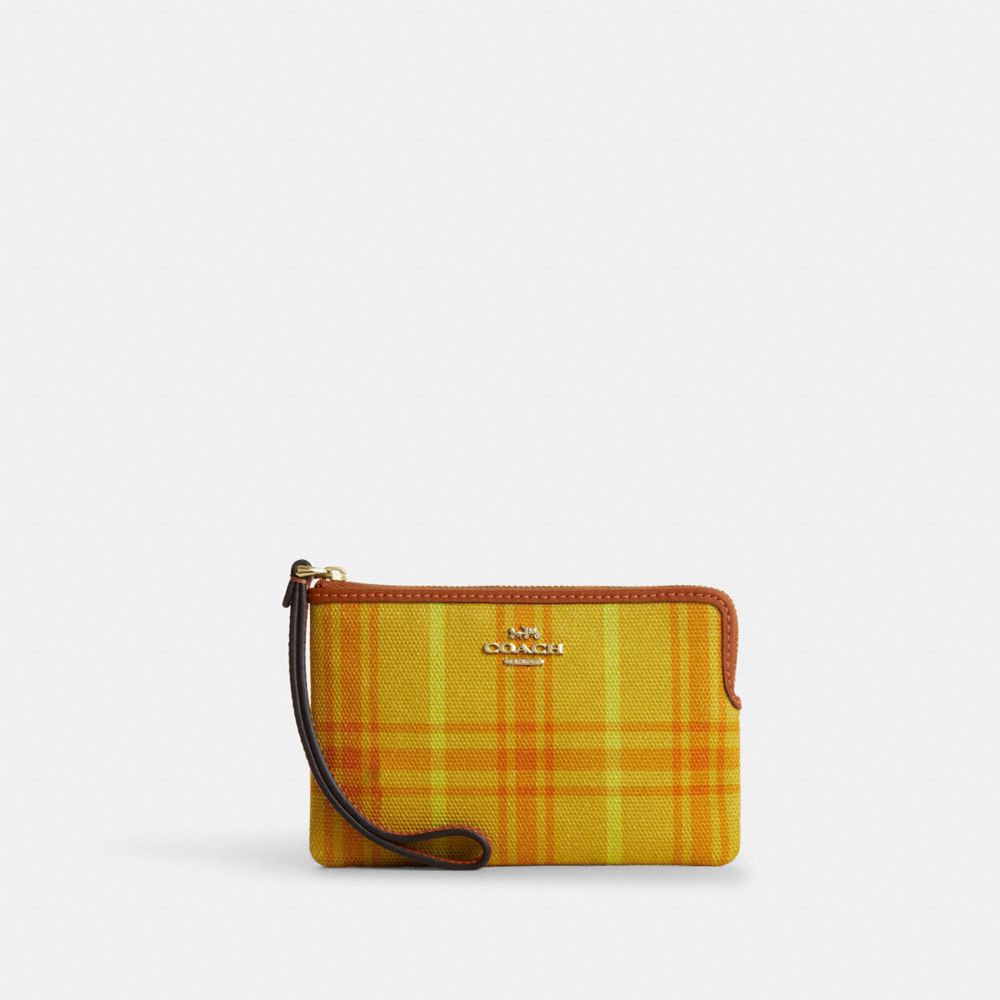 Corner Zip Wristlet In Regenerative Cotton With Plaid Print - CEF87 - Gold/Burnished Amber