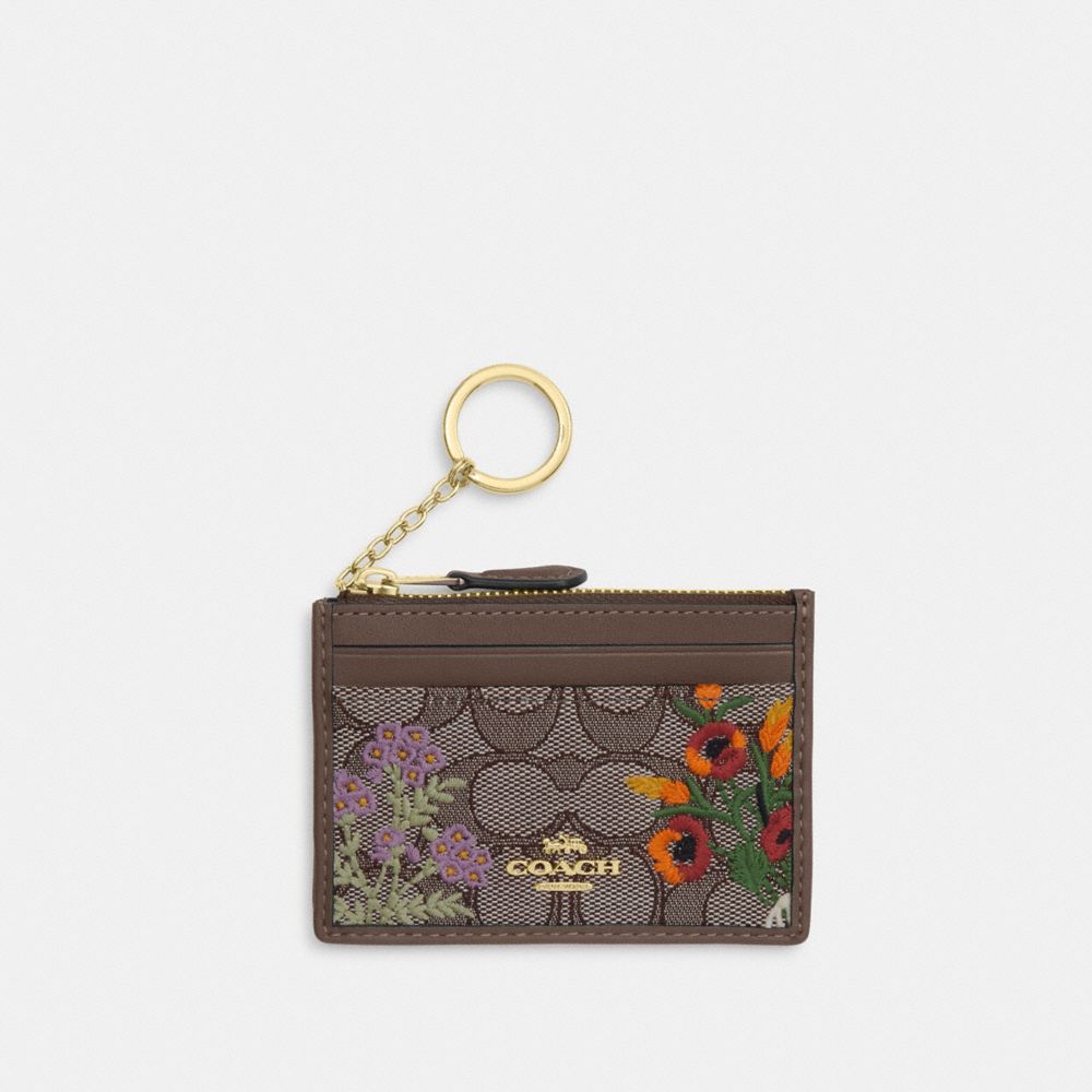 COACH CEL83 Mini Skinny Id Case In Signature Jacquard With Floral Embroidery GOLD/OAK MULTI