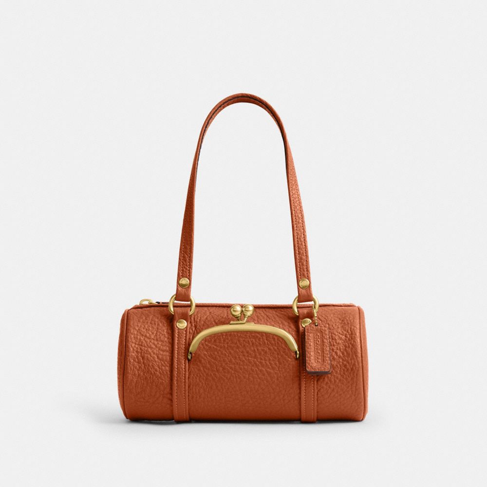 COACH&reg;,Kisslock Barrel Bag 28,Lining Cotton,Leather,Barrel Bag,Metal Material,Pendant,Lined,Compact,Brass,Gold Metal,Day P...,Brass/Amber Brown