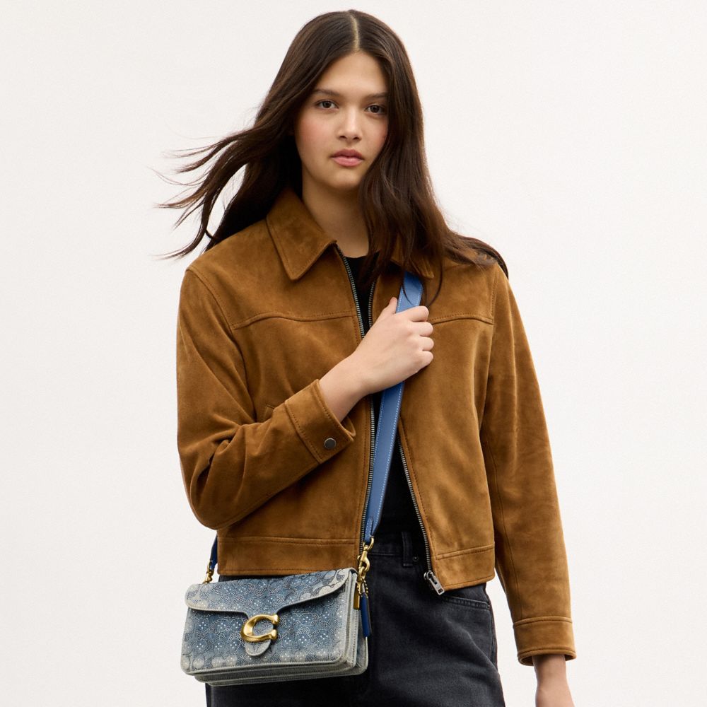 TABBY SHOULDER BAG 26 IN REGENERATIVE COTTON DENIM WITH CRYSTAL SIGNATURE