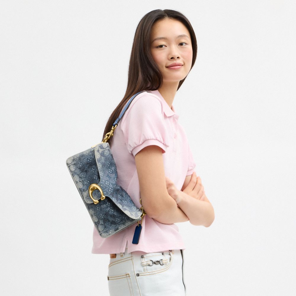 TABBY SHOULDER BAG 26 IN REGENERATIVE COTTON DENIM WITH CRYSTAL SIGNATURE