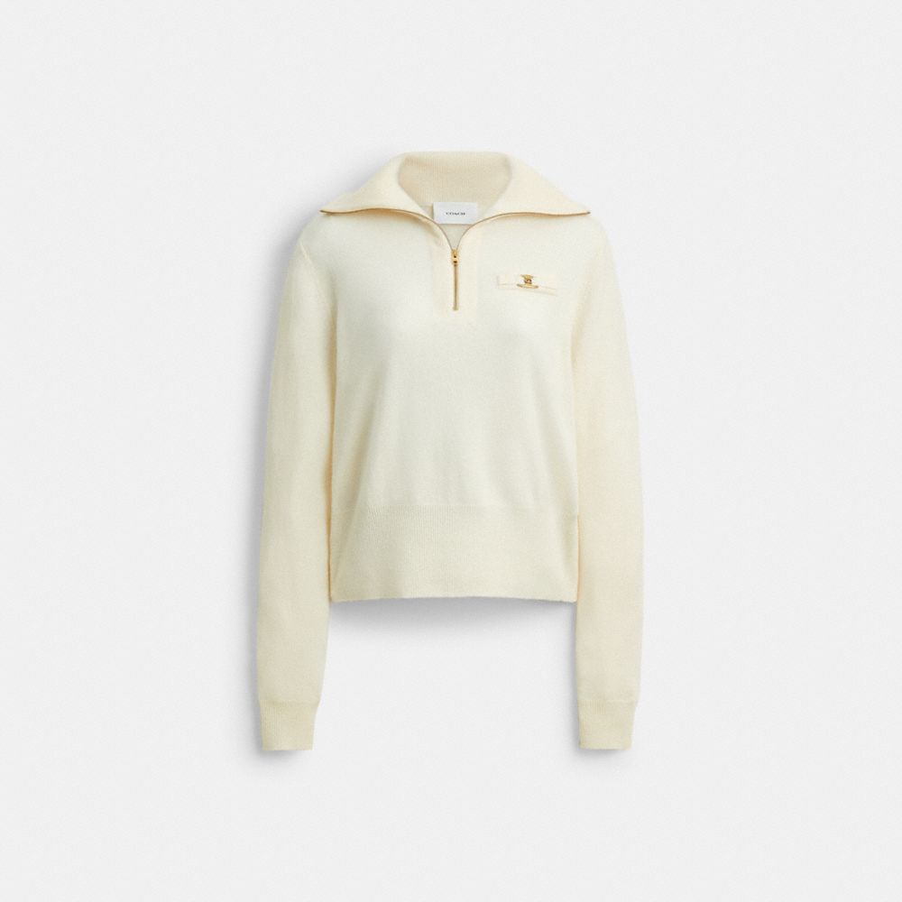 COACH®,Heritage Hardware Half Zip Top,Cashmere,Soft Wool,Wool,Knit,Cashmere Blend,Quarter Zip Pullover,Metal,Logo,Casual,,Front View