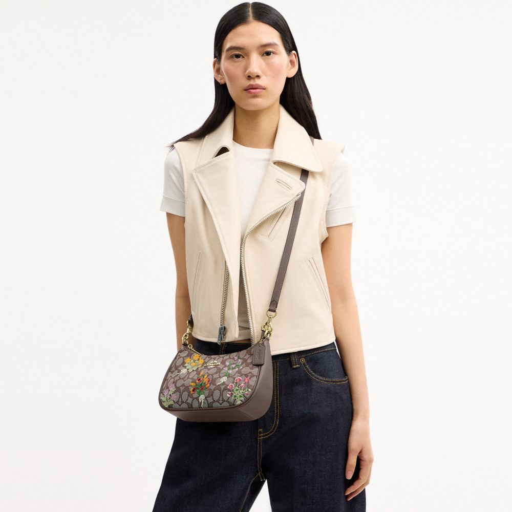 TERI SHOULDER BAG IN SIGNATURE JACQUARD WITH FLORAL EMBROIDERY