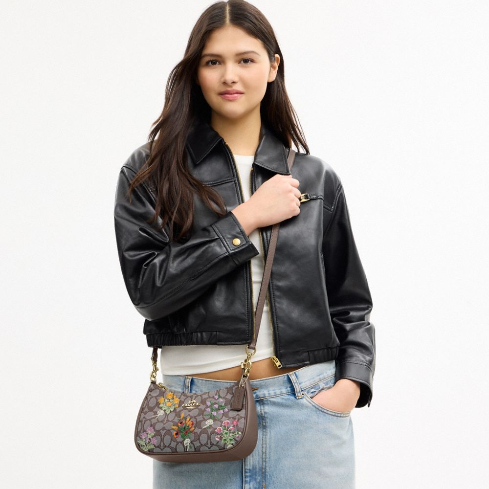 TERI SHOULDER BAG IN SIGNATURE JACQUARD WITH FLORAL EMBROIDERY