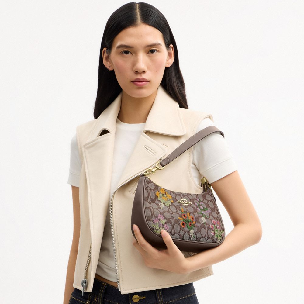 TERI SHOULDER BAG IN SIGNATURE JACQUARD WITH FLORAL EMBROIDERY