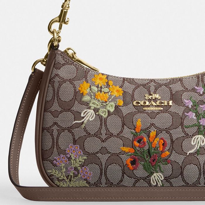 TERI SHOULDER BAG IN SIGNATURE JACQUARD WITH FLORAL EMBROIDERY