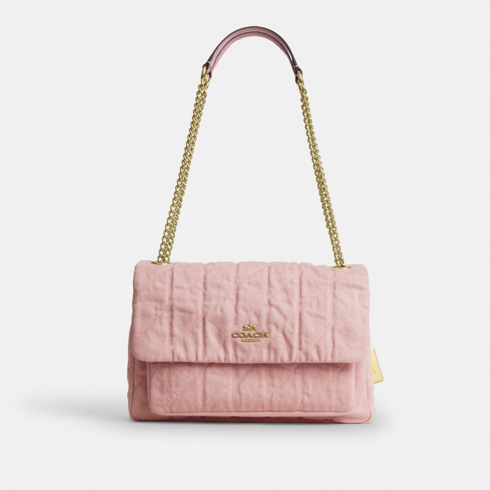 COACH&reg;,Elodie Crossbody Bag In Loved Denim With Quilting,Pink,Front View