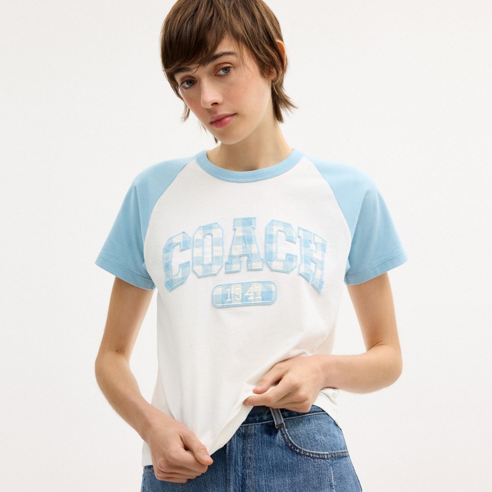 GINGHAM SPORTY RAGLAN T-SHIRT IN ORGANIC COTTON
