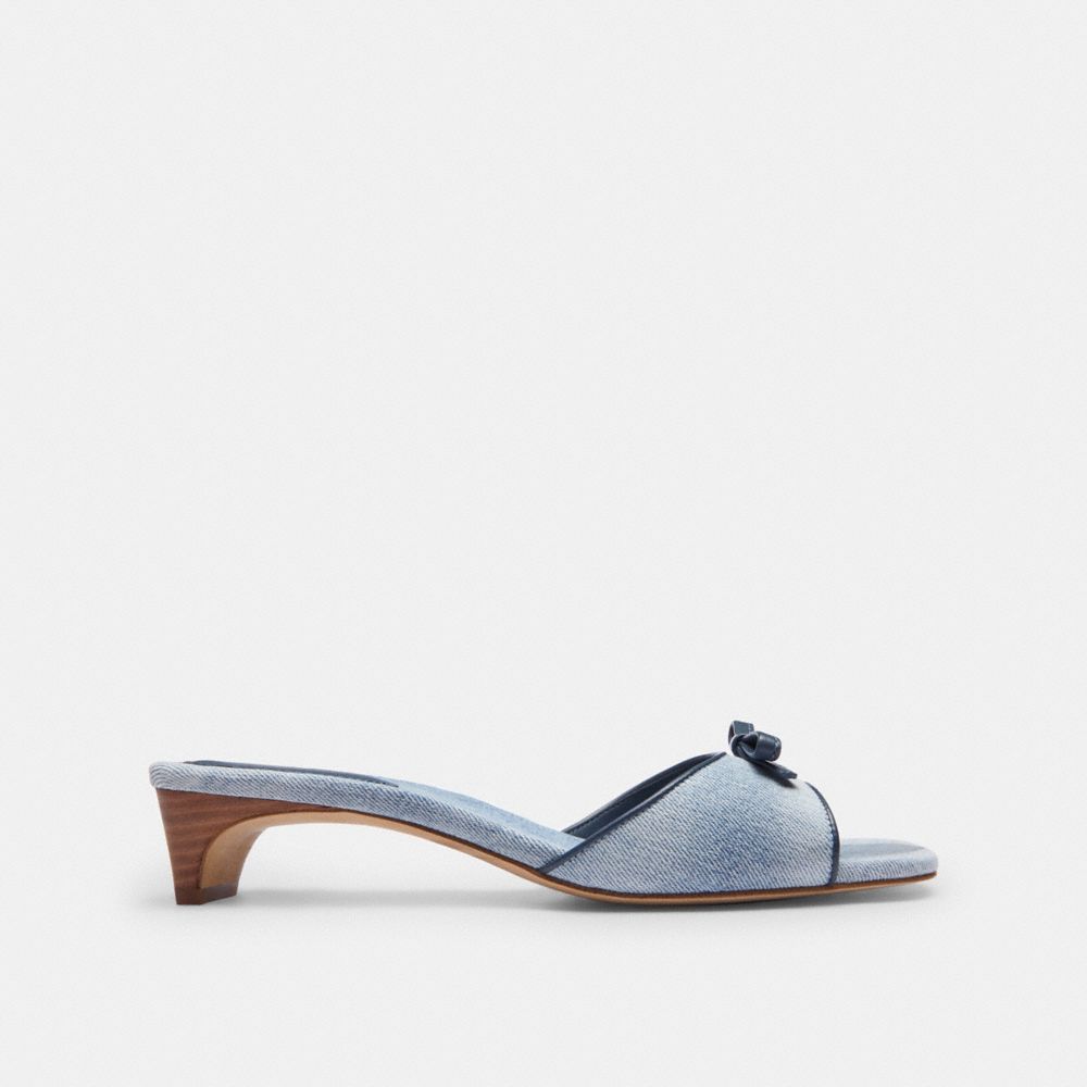 BOW KITTEN HEEL SANDAL IN LOVED DENIM