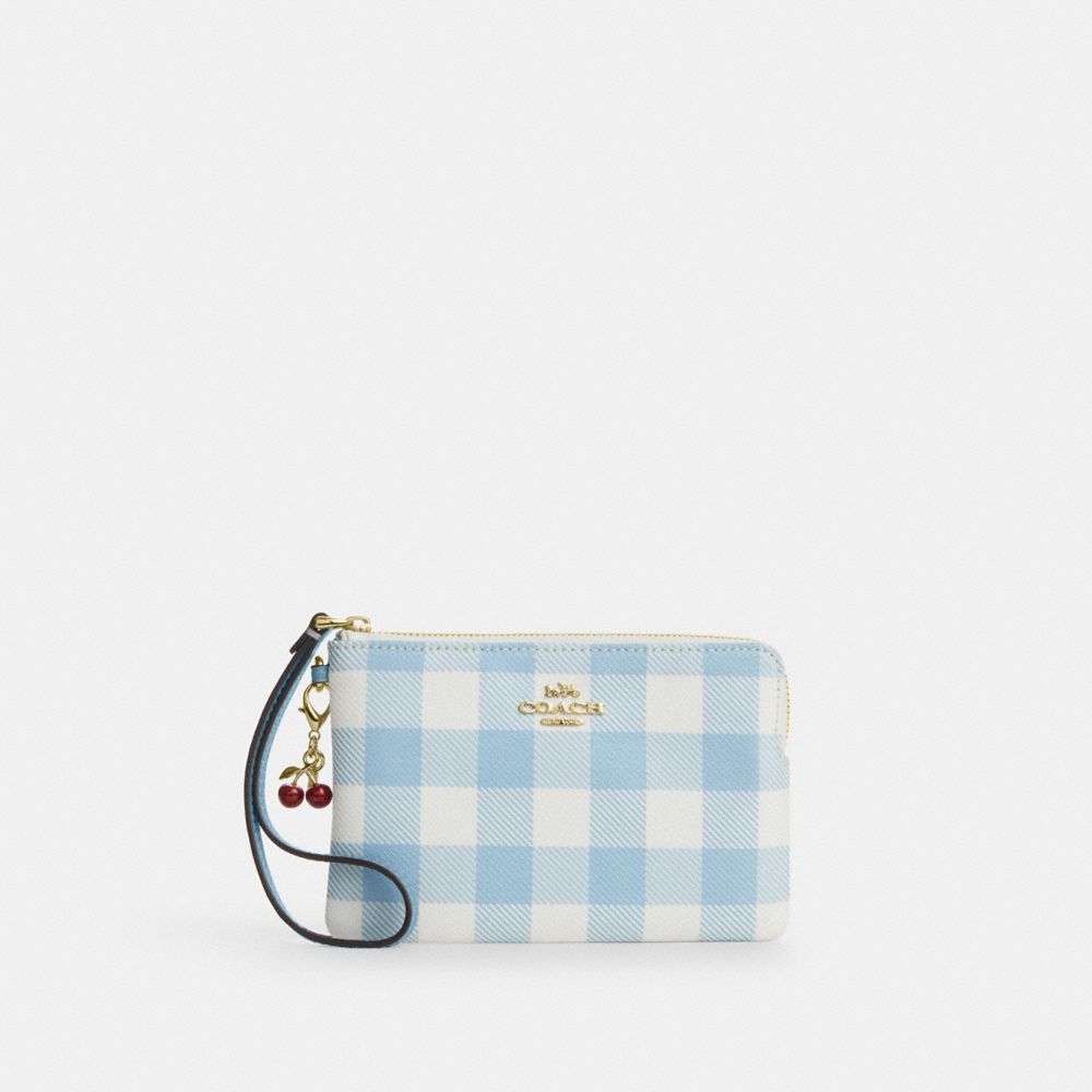 COACH&reg;,Corner Zip Wristlet With Gingham Print And Charm,,Front View