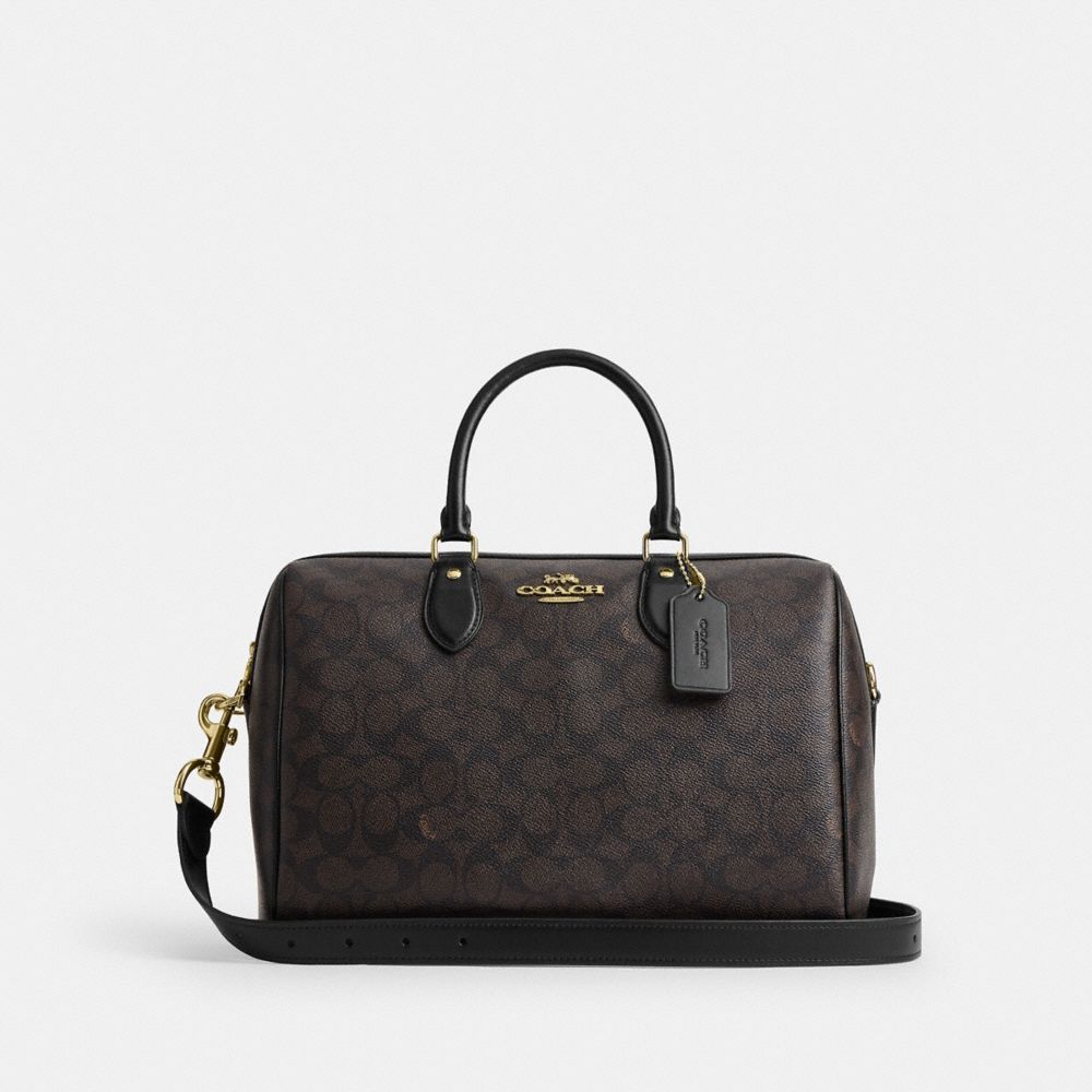 Rowan Large Satchel Bag In Signature Canvas - CEY74 - Gold/Walnut/Black