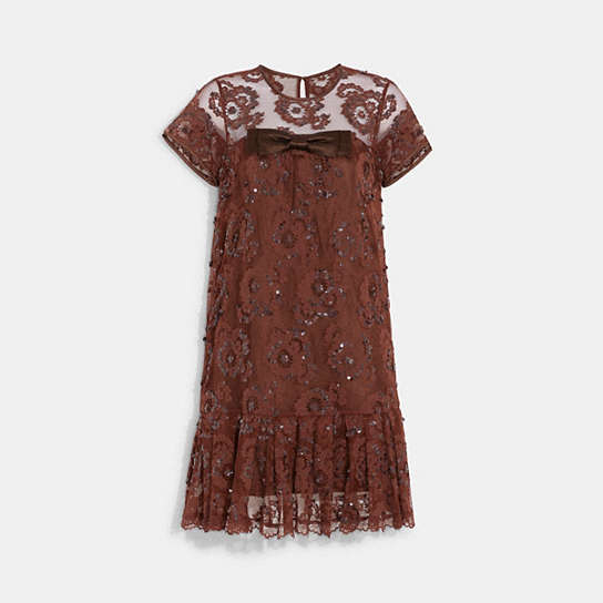 CF014 - Short Sleeve Lace Dress Brown