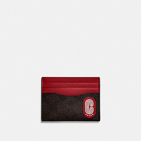 COACH CF061 Slim Id Card Case In Colorblock Signature Canvas With Coach Patch Gunmetal/Mahogany/Bright-Cardinal