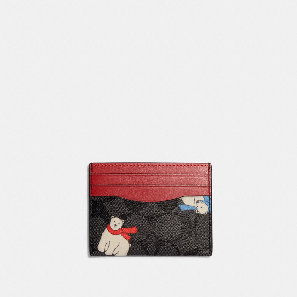COACH CF069 Slim Id Card Case In Signature Canvas With Polar Bear Print BLACK ANTIQUE NICKEL/CHARCOAL/IVORY MULTI