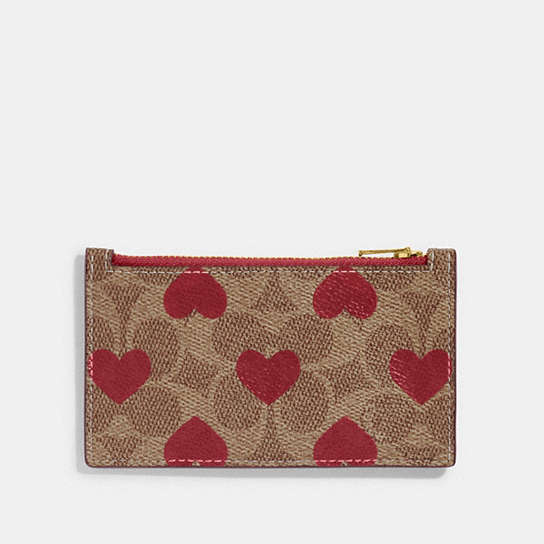 CF073 - Zip Card Case In Signature Canvas With Heart Print Tan Multi